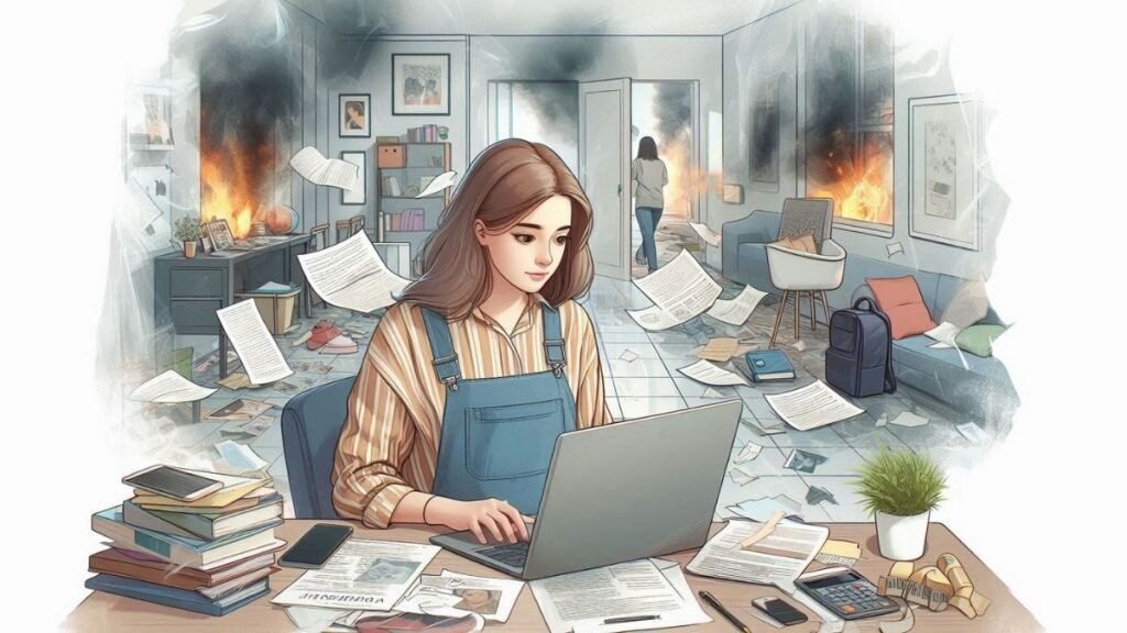 Illustrate a young woman in a home office setting, looking at a laptop with an expression of realization. Surround her with scattered documents and personal items that represent her life, like photos and a backpack. In the background, create a faint overlay of a disaster scene (such as smoke or water damage) that subtly suggests the potential risks of not having renters insurance.

