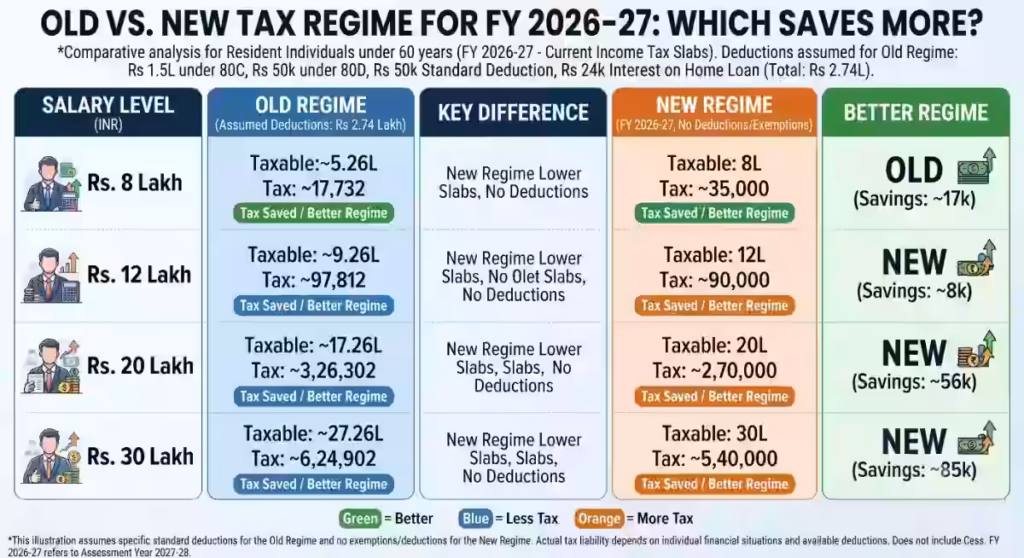 Old vs New Tax Regime for FY 2026-27 Which Saves More Tax at Rs.8 Lakh, Rs.12 Lakh, Rs.20 Lakh and Rs.30 Lakh Salary